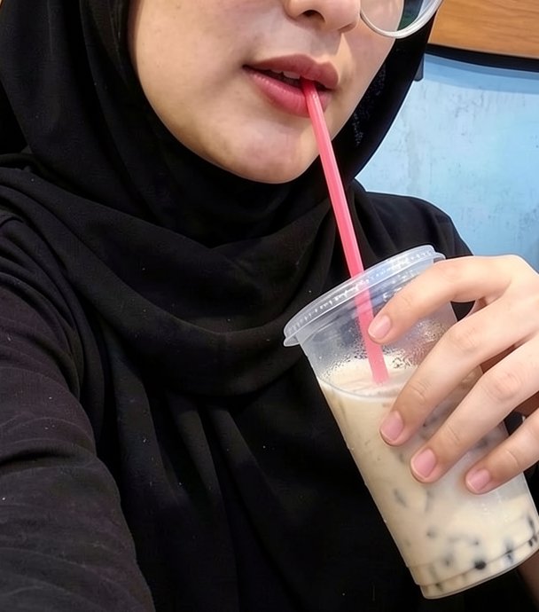 Close-up of a woman in a black hijab sipping iced boba tea through a bright pink straw
