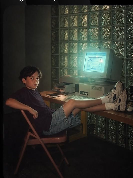 Young teen leans back with feet propped on a desk beside a glowing vintage CRT desktop computer