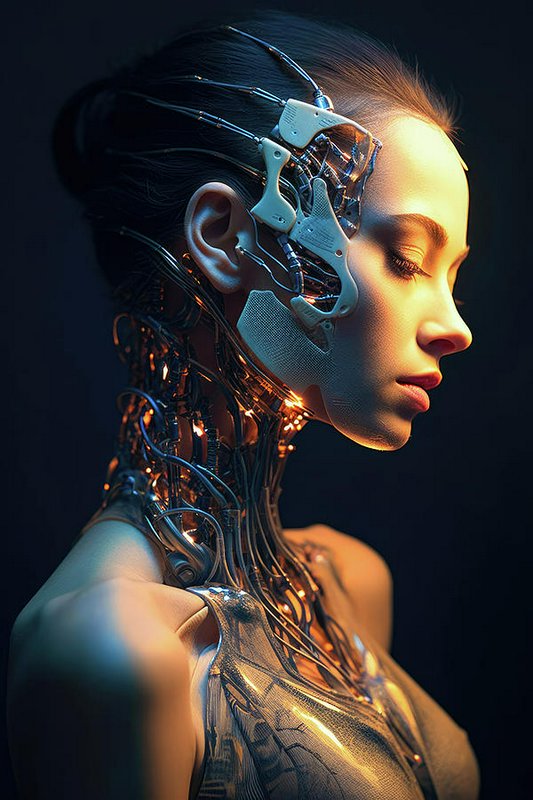 [Side profile portrait of a female cyborg with exposed cybernetic implants and wiring, lit with warm golden light against ...