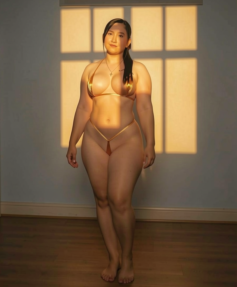 Curvy East Asian woman in a gold micro bikini stands in warm window sunlight indoors