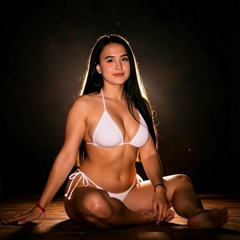 Young woman in white string bikini seated on wooden floor, backlit against a dark moody studio ba...