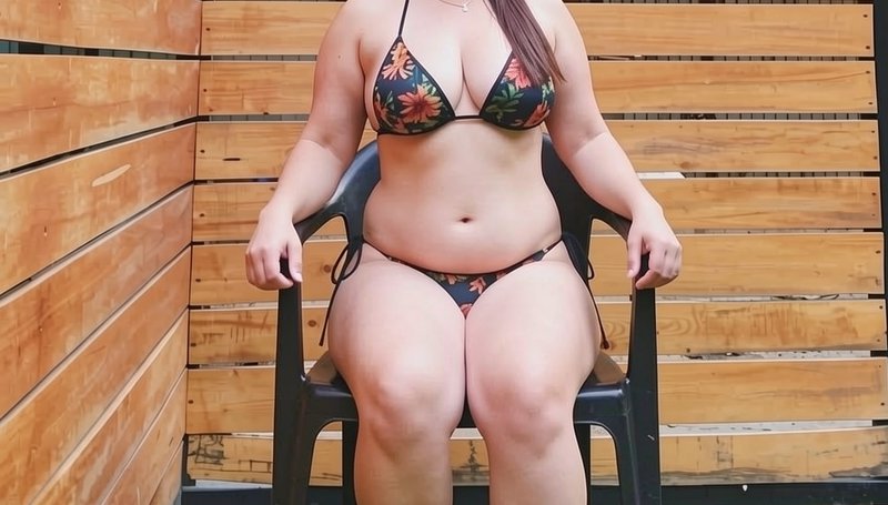 Plus-size woman in tropical floral print bikini seated on black plastic chair against light wood ...