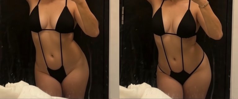 Side by side bathroom mirror selfies compare two similar black strappy monokini swimsuit designs ...