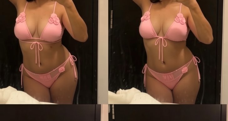 Side-by-side mirror comparison showing fit differences of a pastel pink floral applique tie-strap...