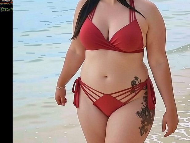 Curvy woman in a strappy red bikini standing on a shallow sandy beach shore