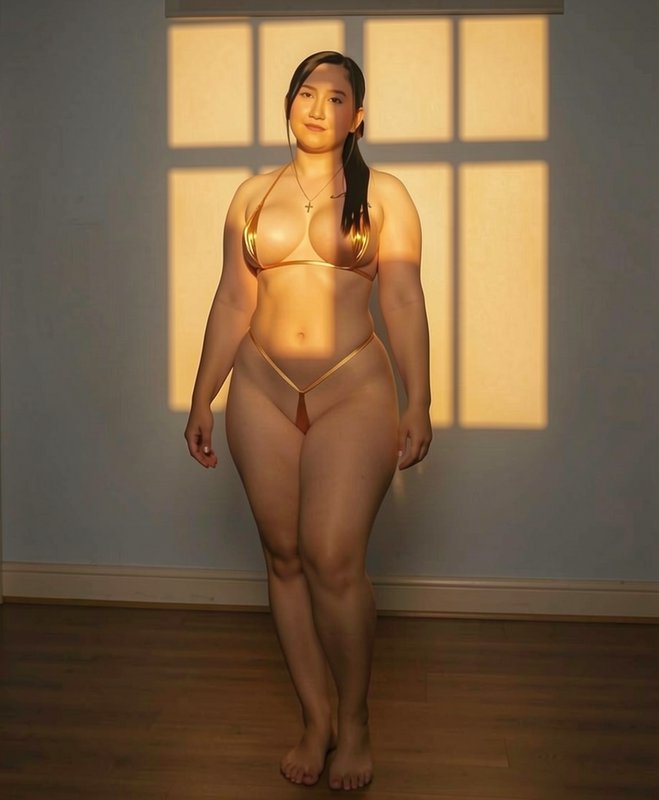 Curvy East Asian woman in a gold micro bikini stands in warm window sunlight indoors