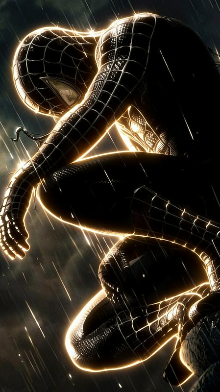 Crouching symbiote Spider-Man in a black webbed suit, glowing golden rim light, set against a rai...