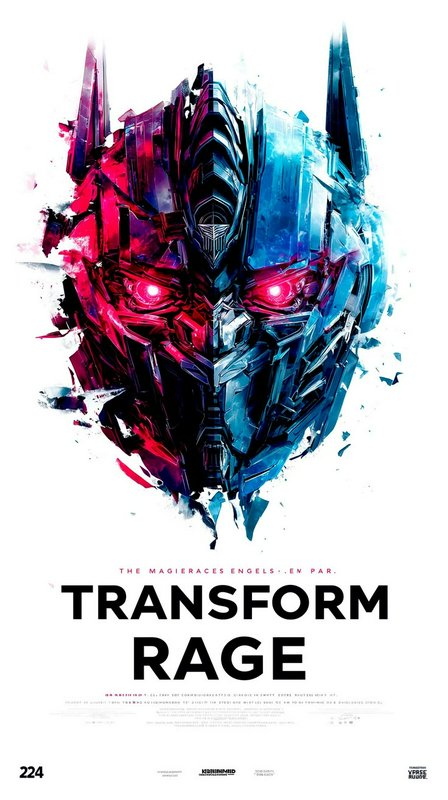 Split watercolor-style Optimus Prime robot face poster, half red half blue, glowing red eyes, wit...