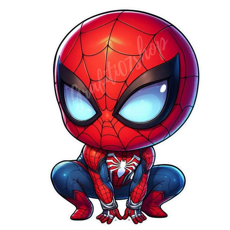 Cute chibi Spider-Man in a crouching pose, with oversized glowing blue eyes and classic red web-p...