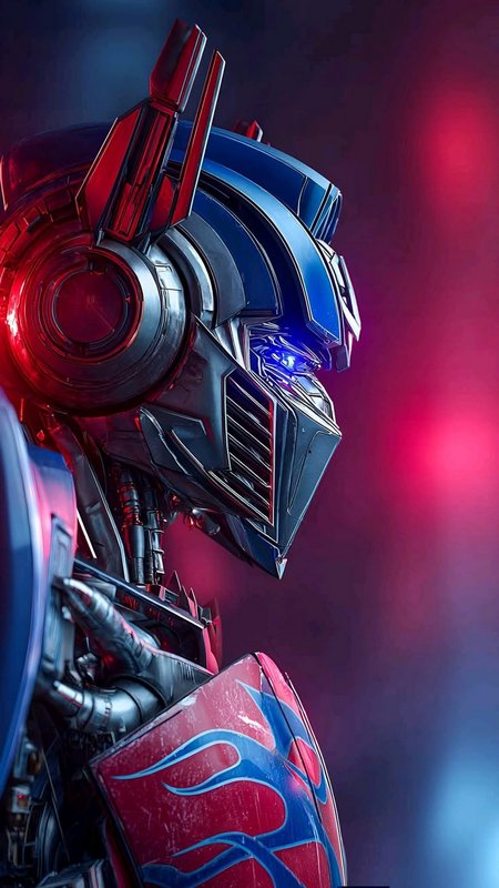 Close-up side profile of Optimus Prime, Autobot Transformers leader, lit by dramatic red and blue...