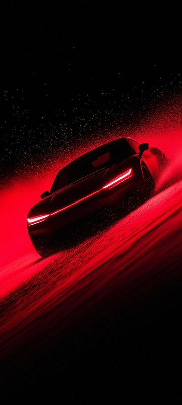 Silhouetted futuristic sports car with glowing red LED headlights speeding through red mist again...