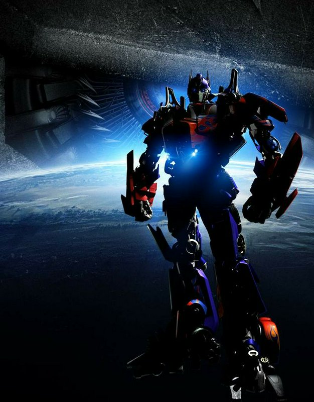 Imposing Optimus Prime Autobot stands silhouetted above orbiting Earth, glowing blue chest light ...