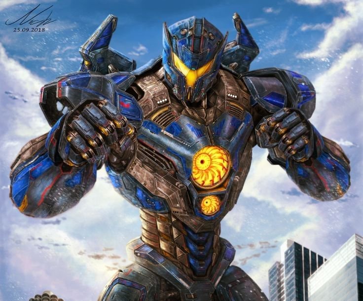 Pacific Rim Gipsy Danger jaeger mech posed in a fighting stance above a city against a bright clo...