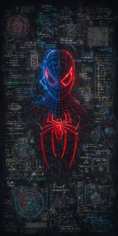 Neon split red and blue Spider-Man portrait centered over a dark chalkboard covered in engineerin...
