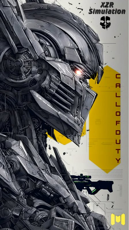 Close-up side profile of intricate angular sci-fi mech robot with glowing red eye, Call of Duty c...