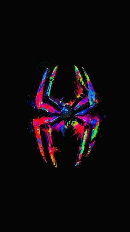 Colorful paint splatter Spider-Man spider emblem centered on a solid black background