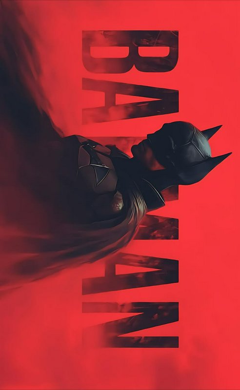 Stylized Batman graphic poster, dark armored caped vigilante against bold red background with ver...