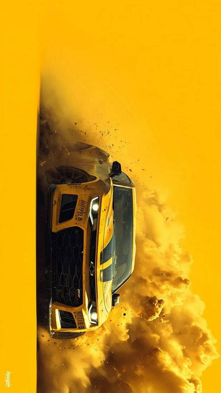 Yellow drifting performance sports car kicking up dust clouds against a matching bright monochrom...