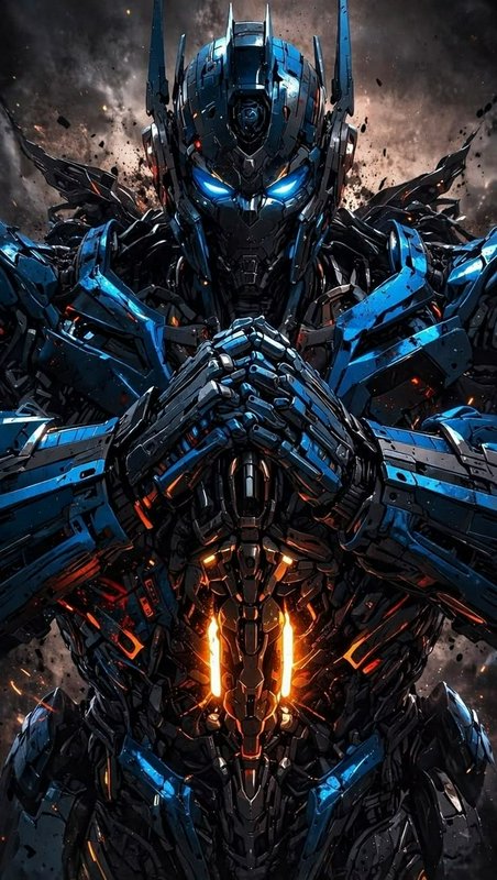Battle-worn blue mecha robot with glowing eyes, clasped hands, against a smoky war-torn battlefie...