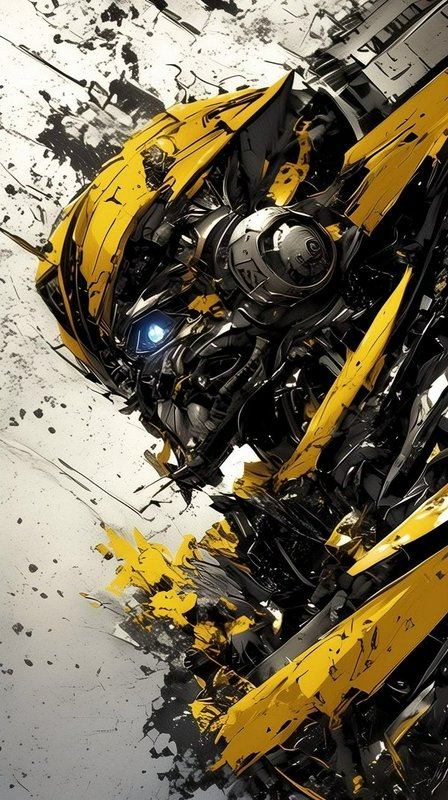 Close-up stylized portrait of Bumblebee Autobot robot, angular yellow-black armor, glowing blue e...