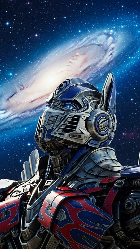 Close-up of Optimus Prime gazing thoughtfully upward, set against a bright swirling spiral galaxy...