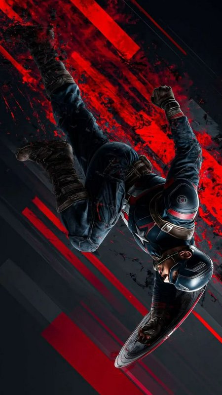 Dynamic upside-down Captain America mid-action, holding his shield against a bold red and dark gr...