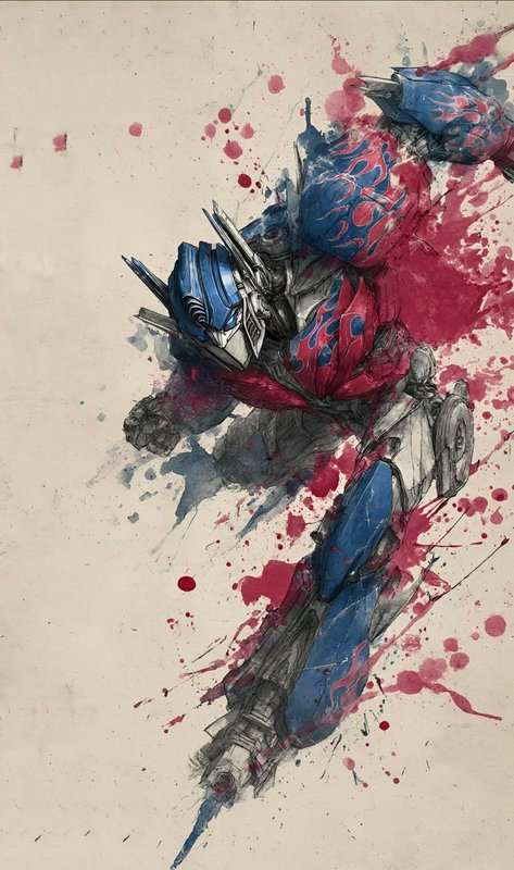 Watercolor ink sketch of Optimus Prime in dynamic battle pose, with red and blue paint splatters ...