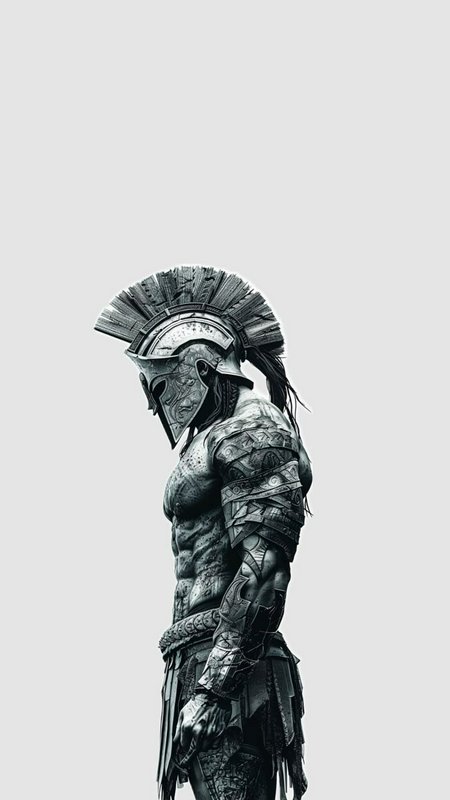 Side profile of a muscular, armored Spartan warrior wearing an ornate crested helmet, head bowed ...