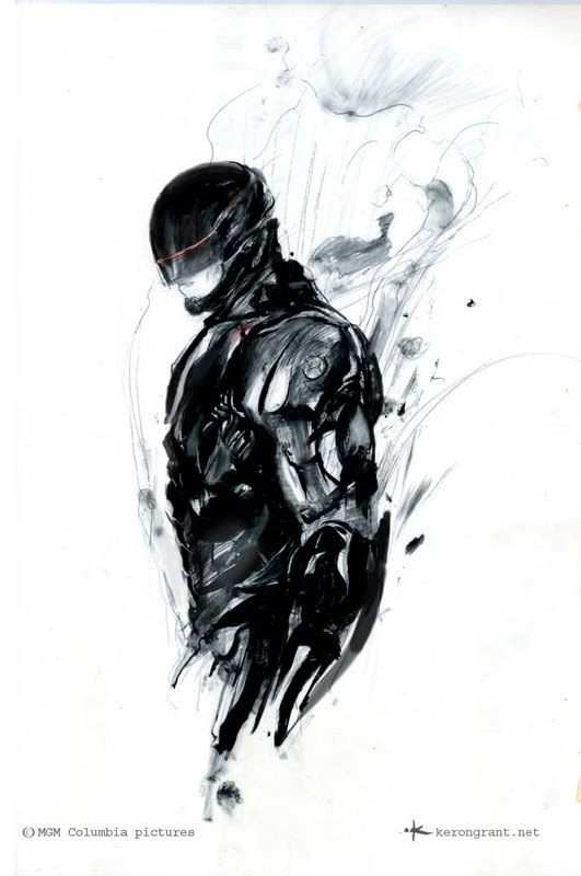 Expressive ink sketch of RoboCop in profile, wearing his black armored suit and visor against a p...
