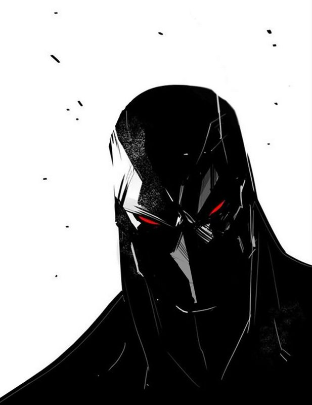 Stark monochrome sketch of a menacing hooded masked villain with glowing sharp red eyes against a...