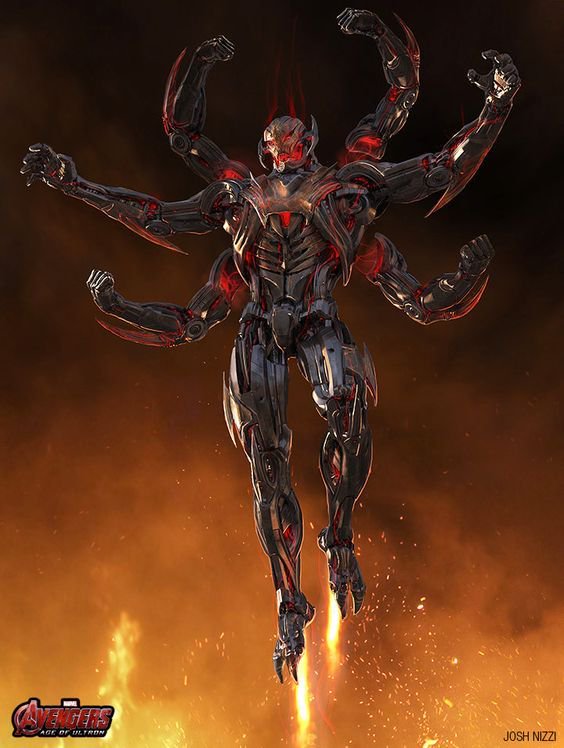 Six-armed Ultron concept art for Avengers: Age of Ultron hovers above blazing orange fire and dar...