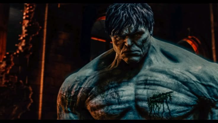 Close-up cinematic 3D render of the Incredible Hulk with a stern expression, in a dark industrial...