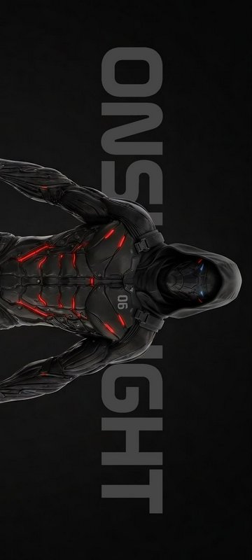 Rotated view of hooded futuristic cybernetic tactical suit with glowing red accents against a sol...