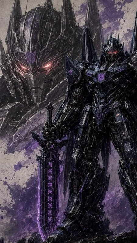 Menacing spiked Decepticon warrior holding a glowing purple rune sword, with a towering Deceptico...