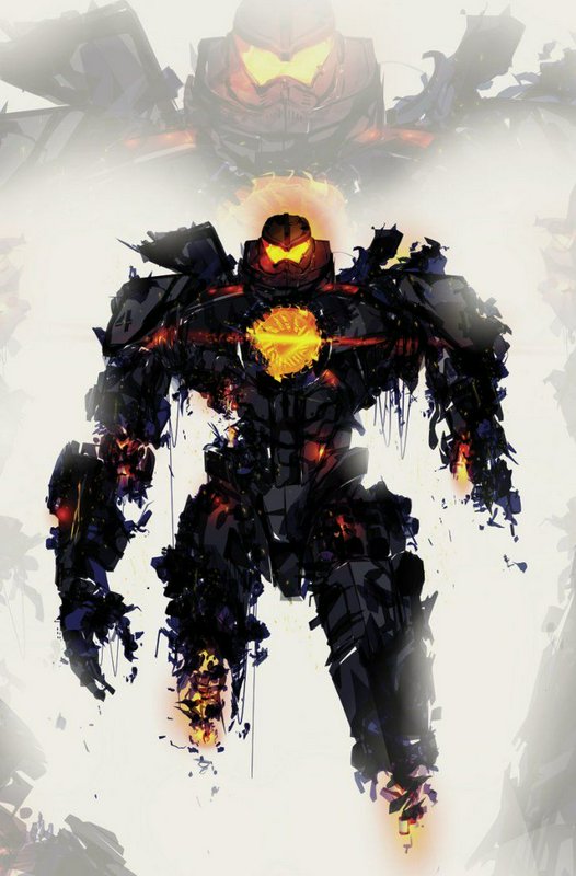 Stylized illustration of battle-damaged Pacific Rim Gipsy Danger jaeger glowing orange, rising th...