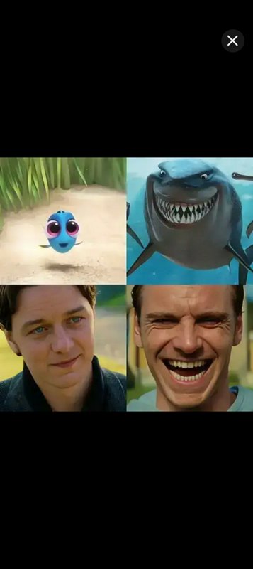 4-panel comparison meme grid pairing Finding Nemo characters with matching James McAvoy and Micha...