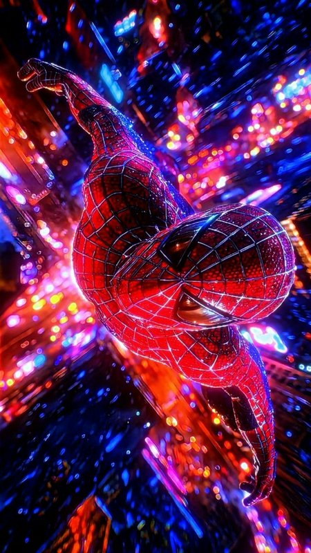 Spider-Man dives mid-air through a motion-blurred glowing neon cyberpunk city