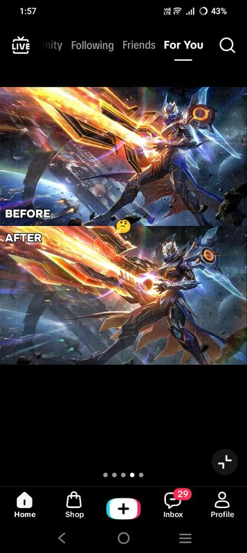 Side-by-side before and after edit comparison of a futuristic armored MOBA game character wieldin...