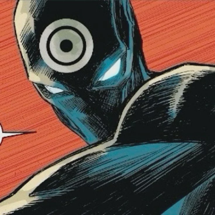 Close-up of masked Marvel villain Bullseye with a target emblem on his forehead in a comic panel