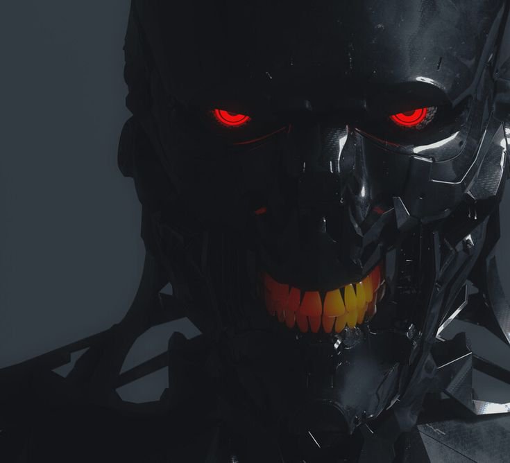Close-up of a menacing metallic robot endoskeleton with glowing red eyes and sharp gradient teeth