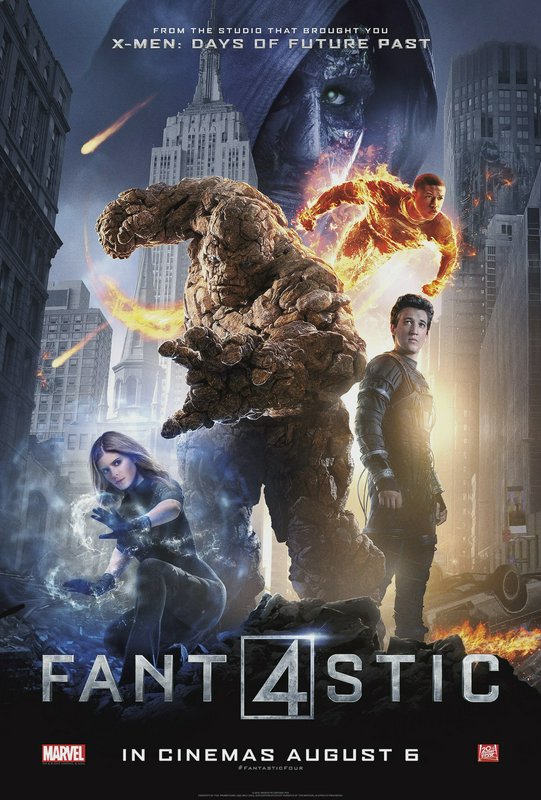 2015 Fantastic Four theatrical poster showing the superhero team posed for battle above a destroy...