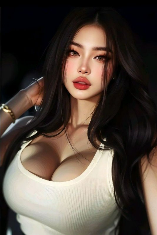 Glamorous young East Asian woman with long dark hair posing in a cream ribbed tank top against a dark moody background