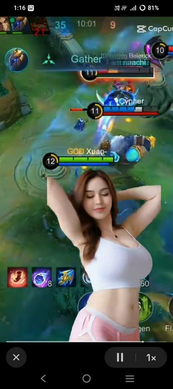 Casual female streamer overlayed onto an active Mobile Legends team fight gameplay screen