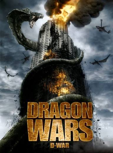 Giant monstrous serpent dragon coiled around a burning crumbling skyscraper on the Dragon Wars mo...