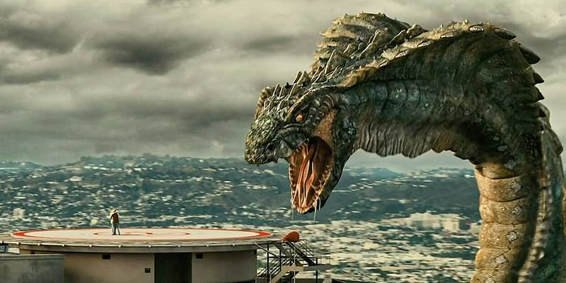 Massive menacing fantasy dragon looms over a tiny person standing on a city skyscraper helipad