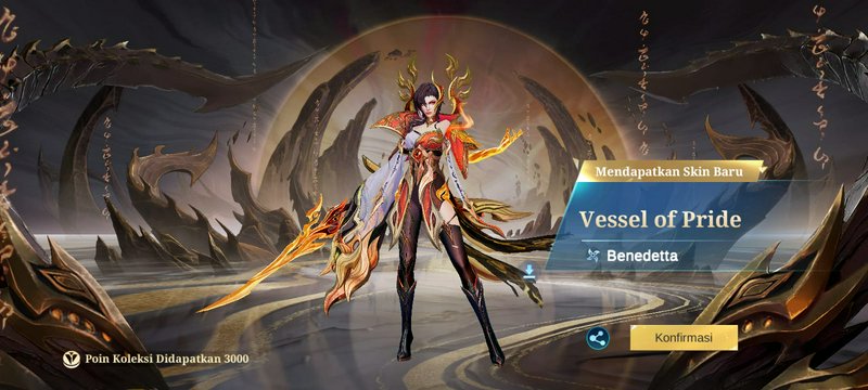 Mobile Legends unlock screen displaying Benedetta's Vessel of Pride legendary assassin skin