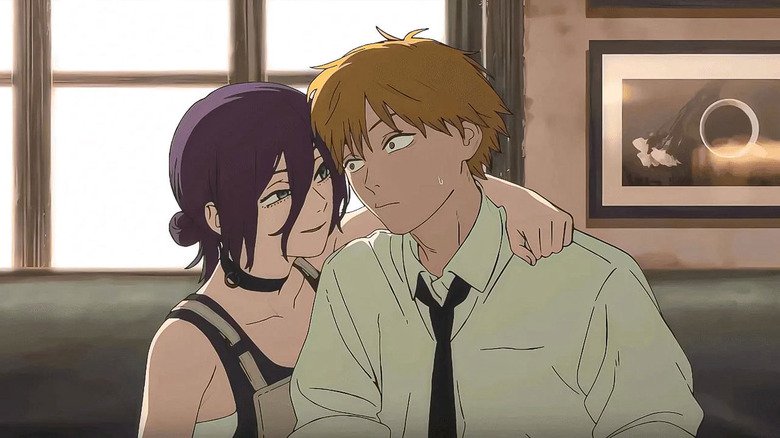 Reze rests her arm around a flustered Denji as they sit together on a sunlit couch