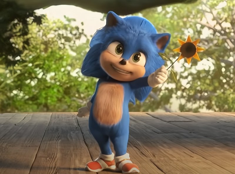 Baby Sonic holding a small sunflower stands smiling on a sunlit wooden deck