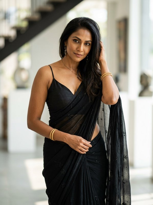 Woman in a black saree posing indoors with a sheer drape and gold jewelry.