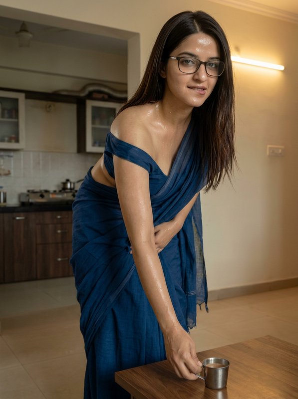 Woman in a blue saree leaning over a wooden table in a modern kitchen.